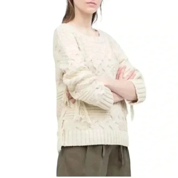 Zara Chunky Knit  Fringe Crop Sweater Cream Size Medium - Picture 2 of 13